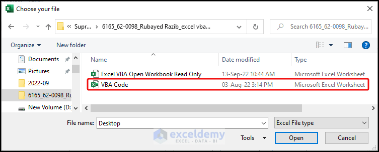 selection of excel workbook file to open as read only