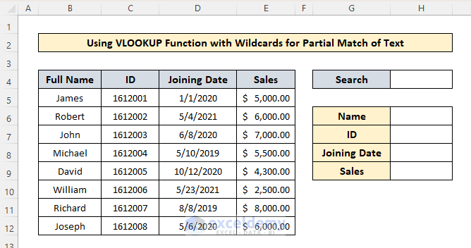 sampl dataset : VLOOKUP Partial Match in Table Array in Excel