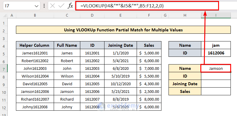 Applying VLOOKUp Partial Match formula for Multiple Values