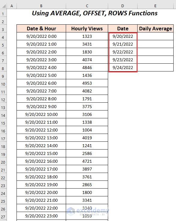 Using AVERAGE, ROWS, and OFFSET Functions to Calculate Daily Average from Hourly Data in Excel