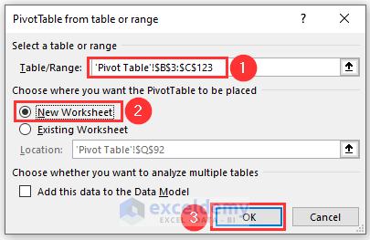PivotTable from the table or range dialog box to calculate a daily average from hourly data in Excel