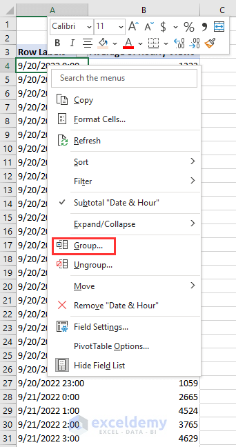 choose group option to calculate a daily average from hourly data in Excel