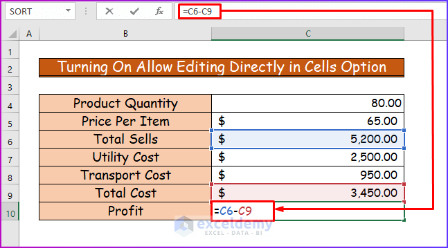 Showing Final Result of Turning On Allow Editing Directly in Cells Option as Suitable Solution If Cells Are Not Highlighting in Excel Formula 