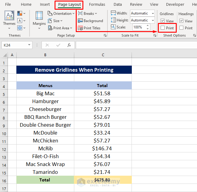 How to Remove Gridlines While Printing in Excel