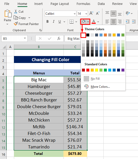 Changing Fill Color Using Ribbon to Hide Some Selected Gridlines in Worksheet