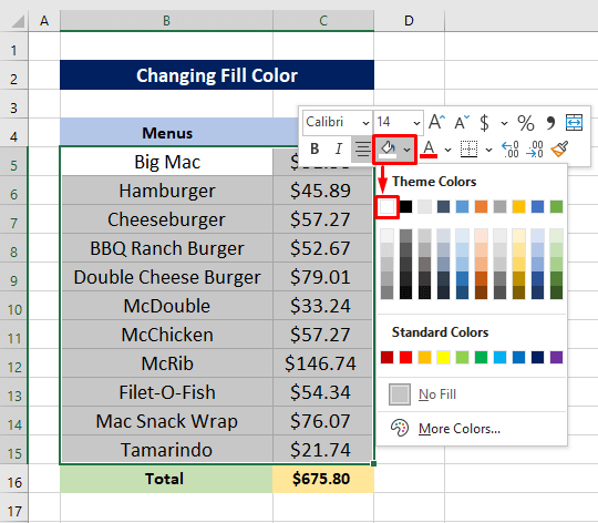 Changing Fill Color Using Right-Click to Hide Some Selected Gridlines in Worksheet