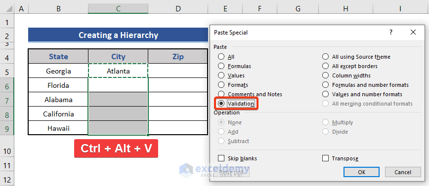 Expand format of data validation to other cells to create a hierarchy in Excel