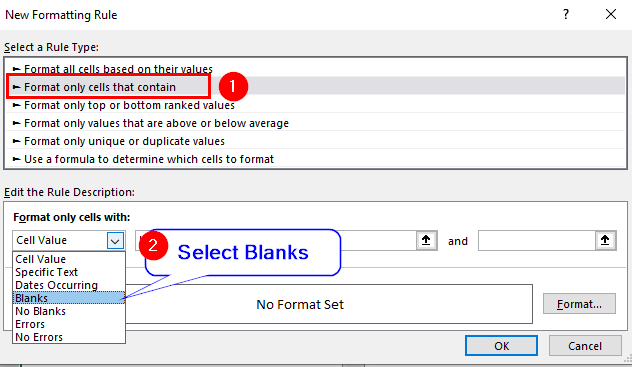 New Formatting Rule dialogue box to Highlight Blank Cells
