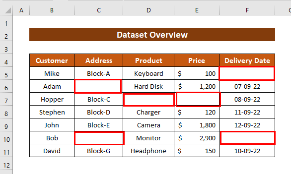 Dataset to Highlight Blank Cells with Conditional Formatting in Excel