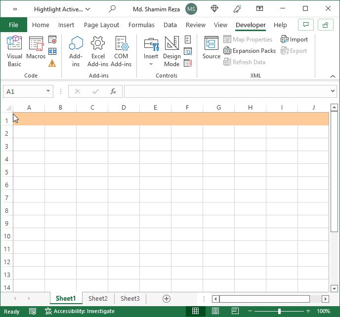 highlight active row with excel vba