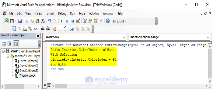 code to highlight active row in workbook