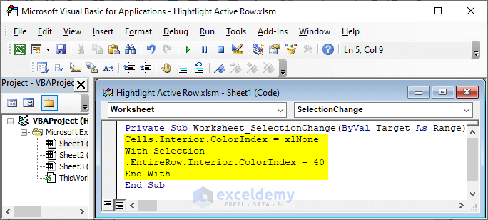 code for highlighting active row