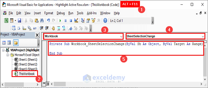 highlight active row in workbook