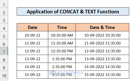 Apply CONCAT and TEXT Functions to Add Date and Time