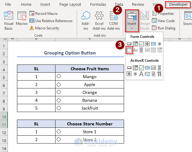 how to add option button in excel