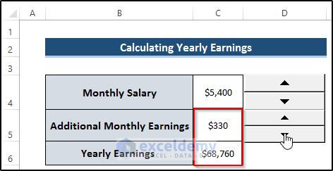 Counting Yearly Earnings to Use Up and Down Buttons in Excel