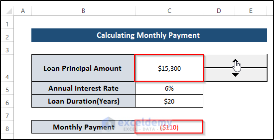 Estimating Monthly Payment to Use Up and Down Buttons in Excel