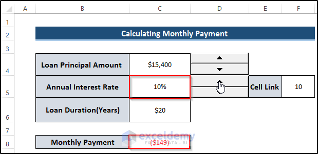Counting Monthly Payment to Use Up and Down Buttons in Excel