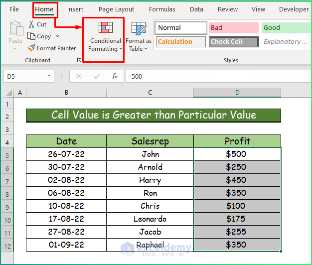 Cell Value is Greater than Particular Value as Types of Conditional Formatting in Excel