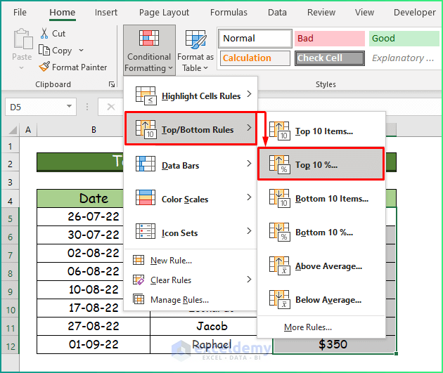 Top 10% Values from Data Set as Types of Conditional Formatting in Excel