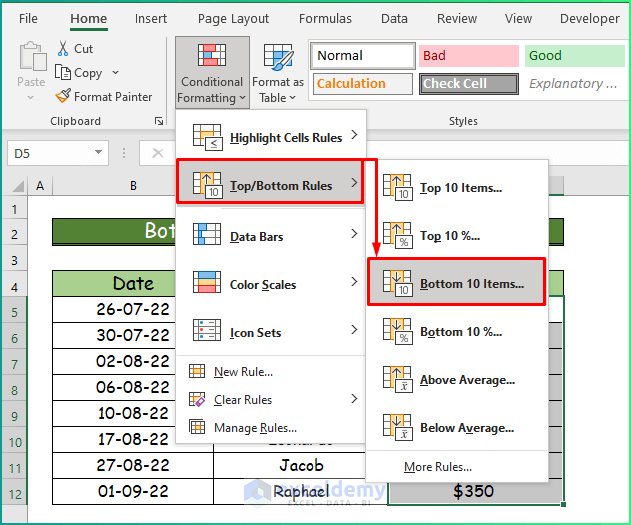 Bottom Values from Data Set as Types of Conditional Formatting in Excel