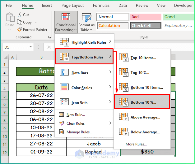 Bottom 10% Values from Data Set as Types of Conditional Formatting in Excel