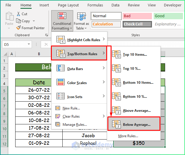 Below Average Values of Data Set as Types of Conditional Formatting in Excel