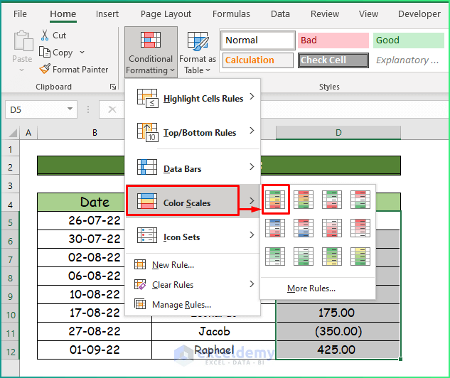 Color Scales as Types of Conditional Formatting in Excel
