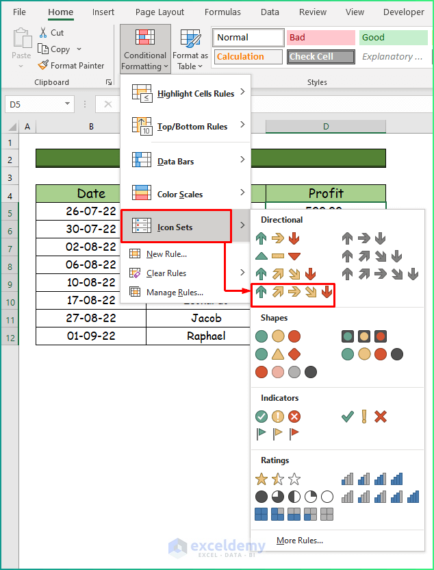 Icon Sets as Types of Conditional Formatting in Excel