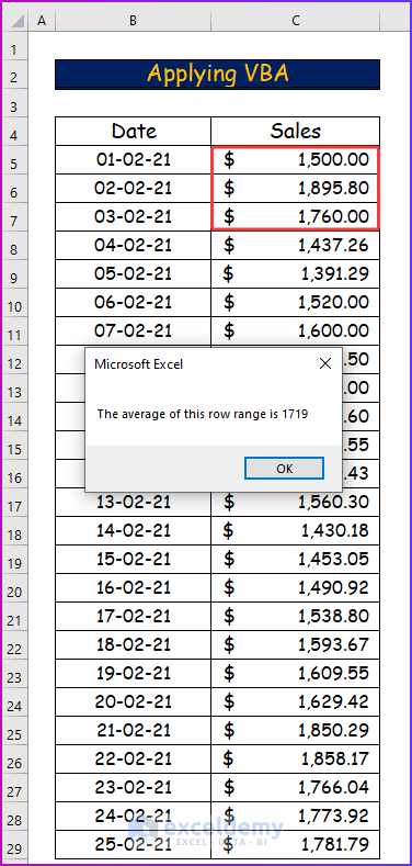 Showing Final Resut for Applying VBA as A Handy Way to Average Every Nth Row in Excel