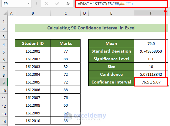 Show the 90 Confidence Interval in a Cell