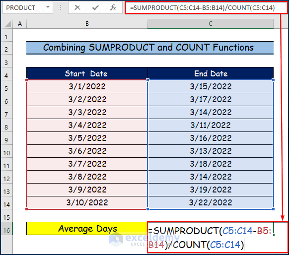 Combining SUMPRODUCT and COUNT Functions to Calculate Average Days in Excel