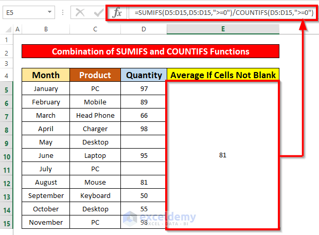 Combine SUMIFS and COUNTIFS Functions to Calculate Average If Cell Not Blank
