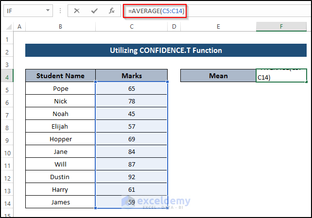 Exercising CONFIDENCE.T Function to Calculate Confidence Interval in Excel 