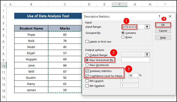 Applying Data Analysis Tool to Calculate Confidence Interval in Excel 