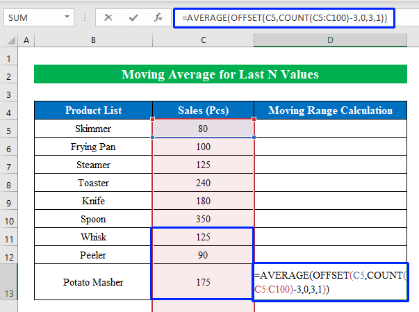 Calculate Moving Range for the Last N-th Values in Excel