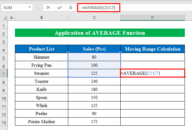Apply AVERAGE Function to Calculate Moving Range in Excel
