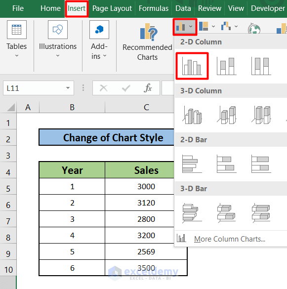 Insert a chart to change chart style in excel