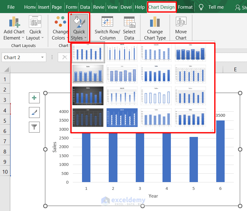 how to change chart style in excel