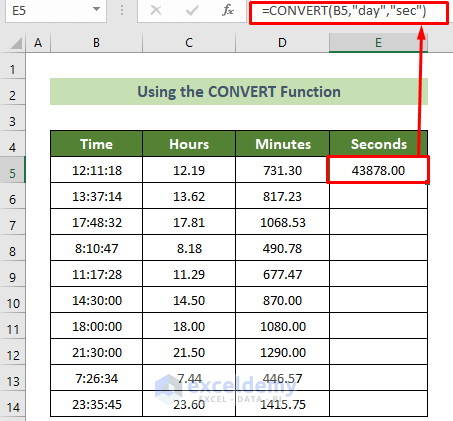 Using CONVERT Function to Convert Time to Decimal Seconds Value in Excel