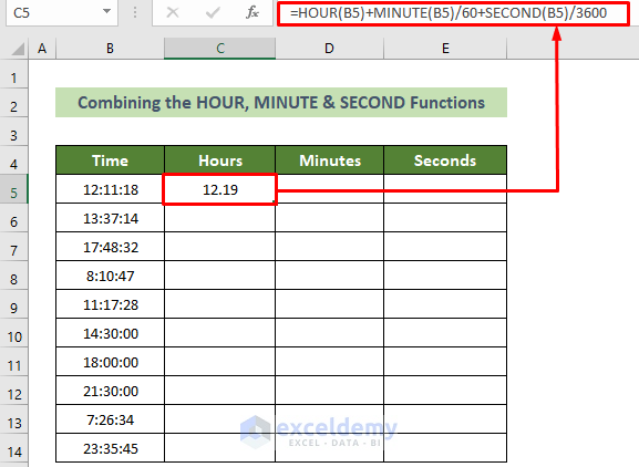 Combine HOUR, MINUTE, and SECOND Functions to Convert Time to Decimal Hours in Excel