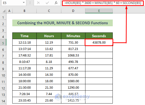 Combine the Time Functions to Convert Time to Decimal Seconds in Excel