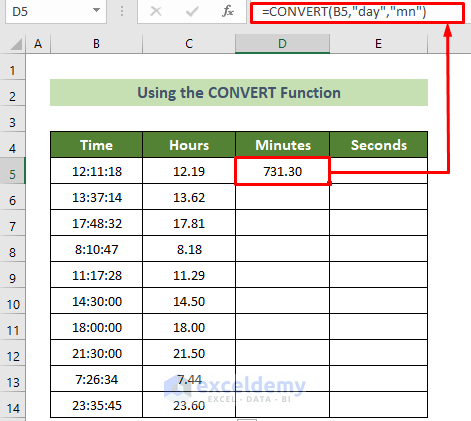 Using CONVERT Function to Convert Time to Decimal Minutes Value in Excel