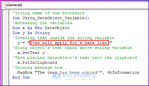 Writing Code for Using DataObject Variable to Copy Text to Clipboard Using VBA in Excel