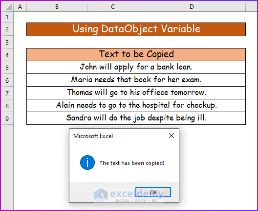 Showing Final Result of Using DataObject Variable to Copy Text to Clipboard Using VBA in Excel