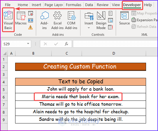 Choosing Developer Tab for Creating Custom Function to Copy Text to Clipboard Using VBA in Excel