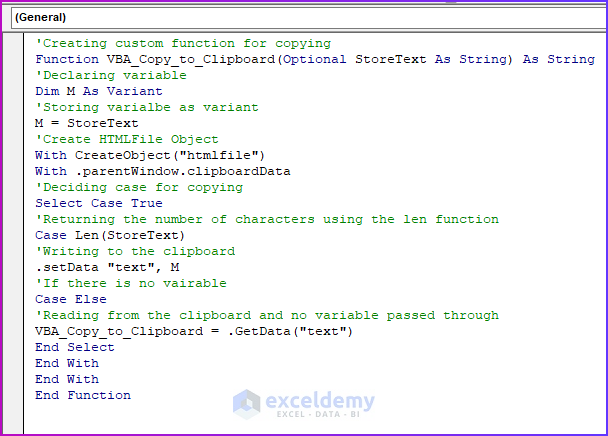 Writing Code for Creating Custom Function to Copy Text to Clipboard Using VBA in Excel