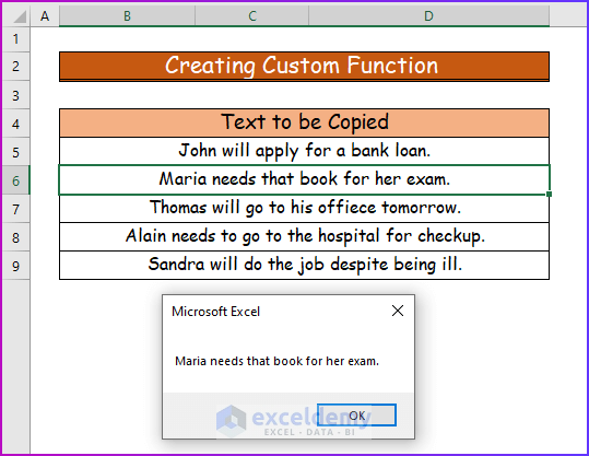 Showing Final Result Creating Custom Function to Copy Text to Clipboard Using VBA in Excel