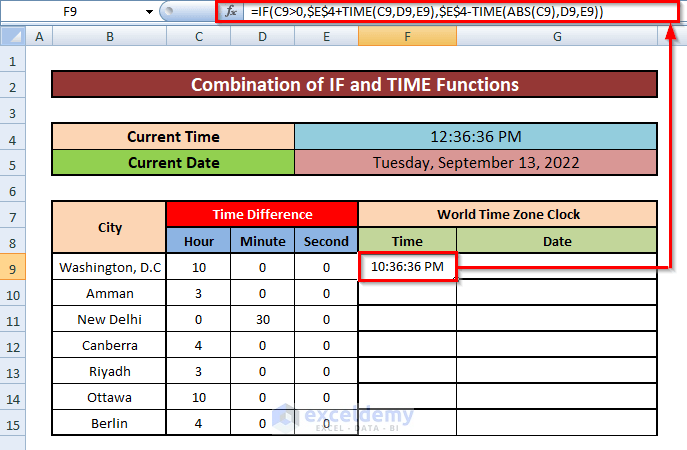 Merge IF and TIME Functions to Create World Time Zone Clock in Excel