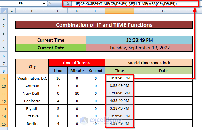 Merge IF and TIME Functions to Create World Time Zone Clock in Excel